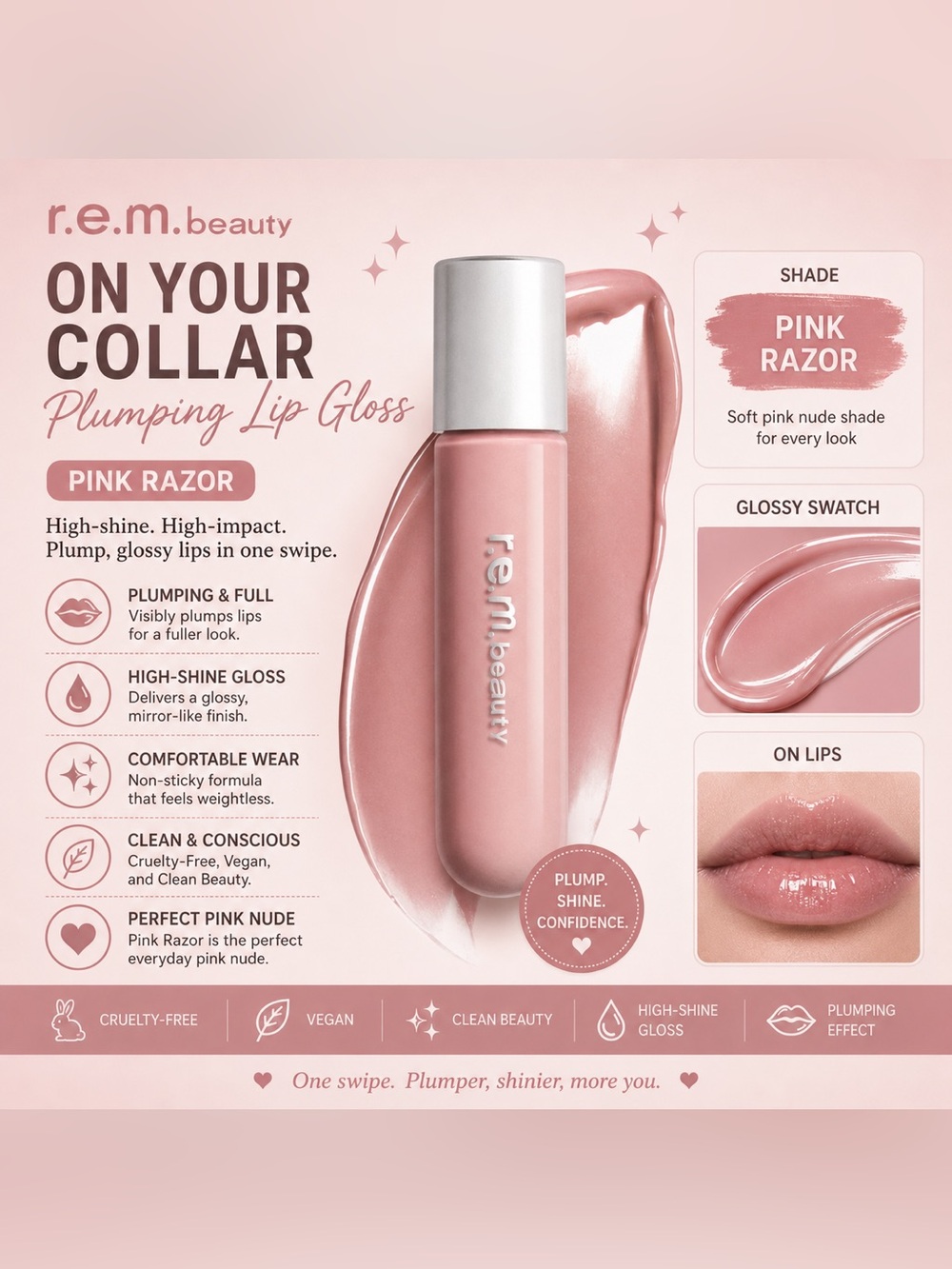 💖 r.e.m. beauty On Your Collar Plumping Lip Gloss – Pink Razor 💖